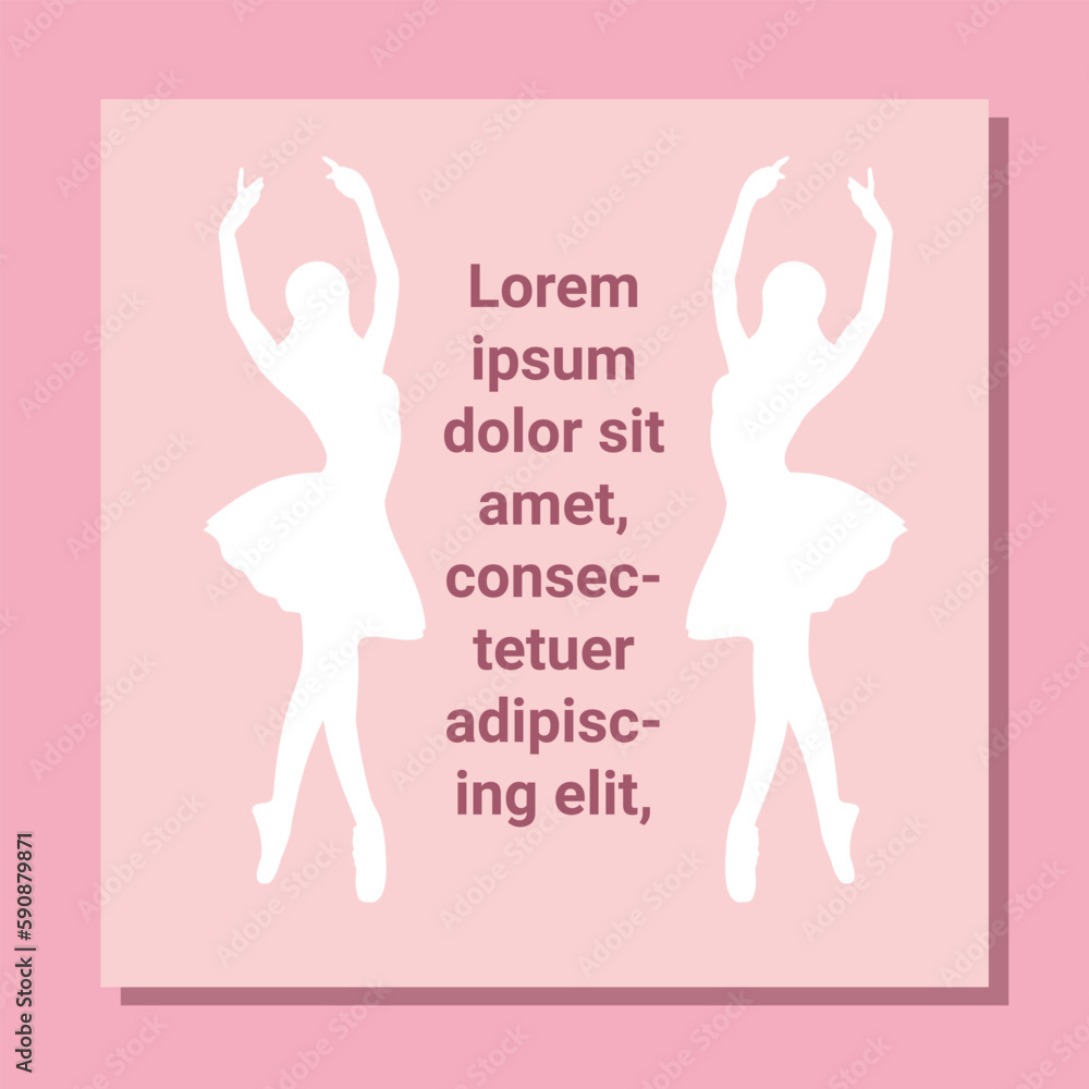 Theatre ticket design. Ballet flyer template. Ballerina silhouette in the tutu and pointe shoe. Pink card design with copy space text. Vector illustration