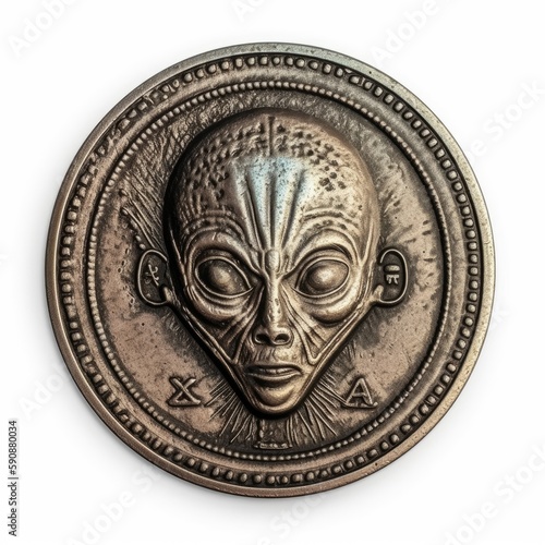 Representation of an ancient Roman coin with an alien face. Generative AI