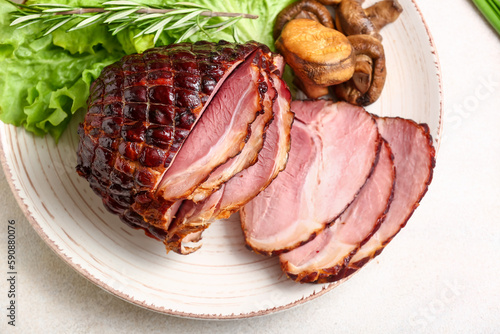 Plate with tasty smoked ham...