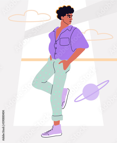 Handsome guy man standing, hands in pockets. Male full-body illustration on a dreamy background. Retro-futuristic, groovy vibes. 