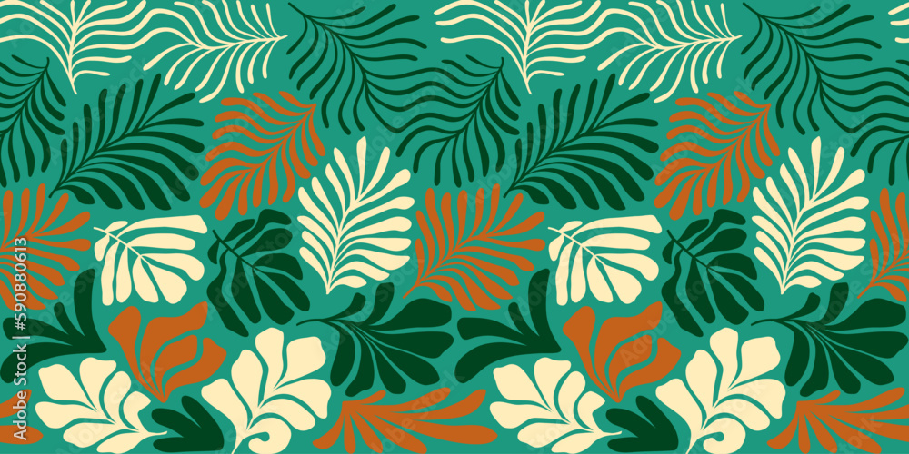Multicolor abstract background with tropical palm leaves in Matisse style. Vector seamless pattern with Scandinavian cut out elements. Multicolor abstract background with tropical palm leaves in Matisse style. Vector seamless pattern with Scandinavian cut out elements.
