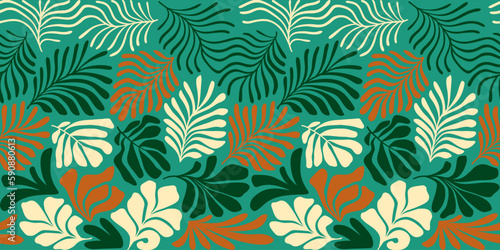 Multicolor abstract background with tropical palm leaves in Matisse style. Vector seamless pattern with Scandinavian cut out elements.