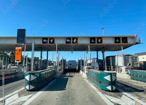 Lancon-Provence, France, 4.04.2023. Toll station on French highway.