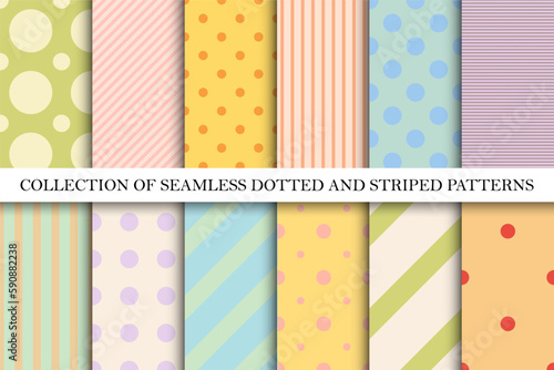 Collection of cute colorful geometric seamless patterns. Simple dotted and striped textures - repeatable unusual bright backgrounds. Textile endless prints.