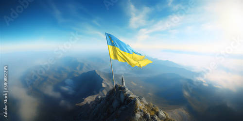 Ukraine flag banner high in the sky background generativ ai