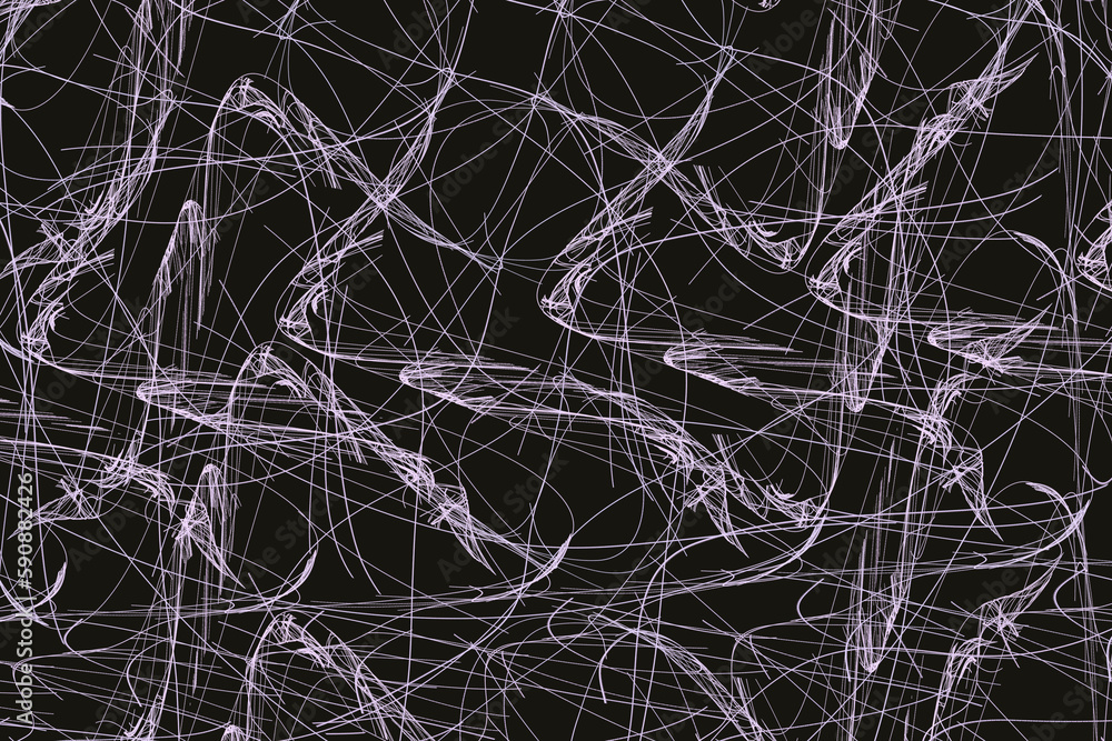 Purple pattern of crooked threads on a black background. Abstract fractal 3D rendering