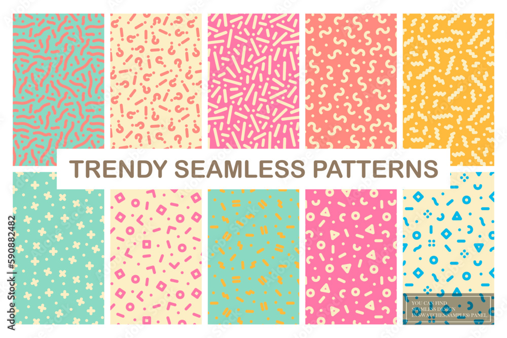 Collection of bright seamless colorful patterns - modern design. Creative unusual textile prints. Repeatable fun trendy backgrounds. Fashion style 80-90s.