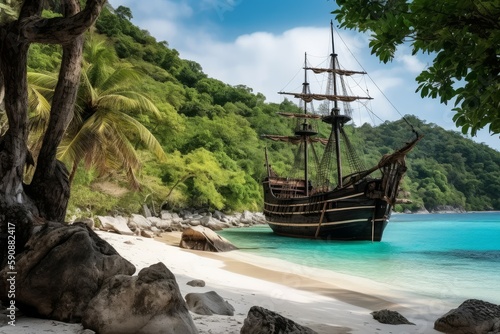 Pirate ship at beach. Generate Ai © nsit0108
