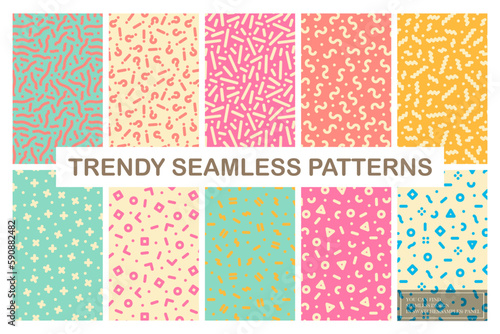 Collection of bright seamless colorful patterns - modern design. Creative unusual textile prints. Repeatable fun trendy backgrounds. Fashion style 80-90s.