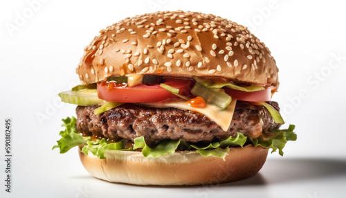 American cheese bbq beef with tomato lettuce juicy beef burger fast food presentation studio product isolated on white background.