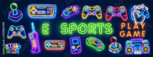 Retro gaming. Outline vector illustration of headset and joystick in 3d neon line art style on abstract background