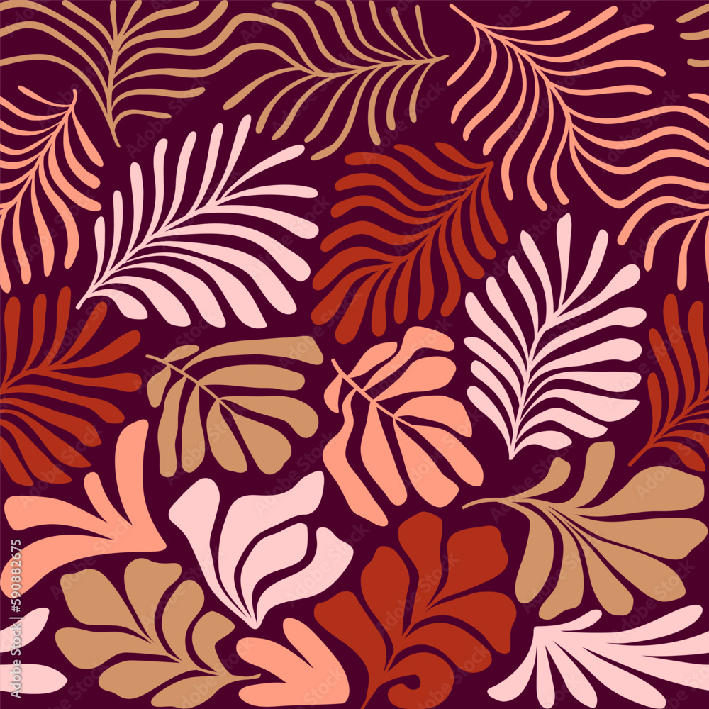 Multicolor abstract background with tropical palm leaves in Matisse style. Vector seamless pattern with Scandinavian cut out elements.