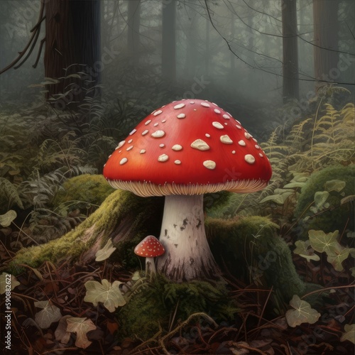 Red toadstool forest plant. Generate Ai