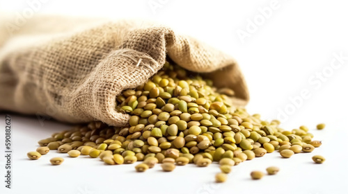 A sack gunny of green mung bean studio shot product presentation food photography isolated on white.