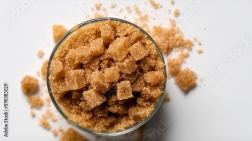 A bowl of brown sugar flat lay on white background copy space.