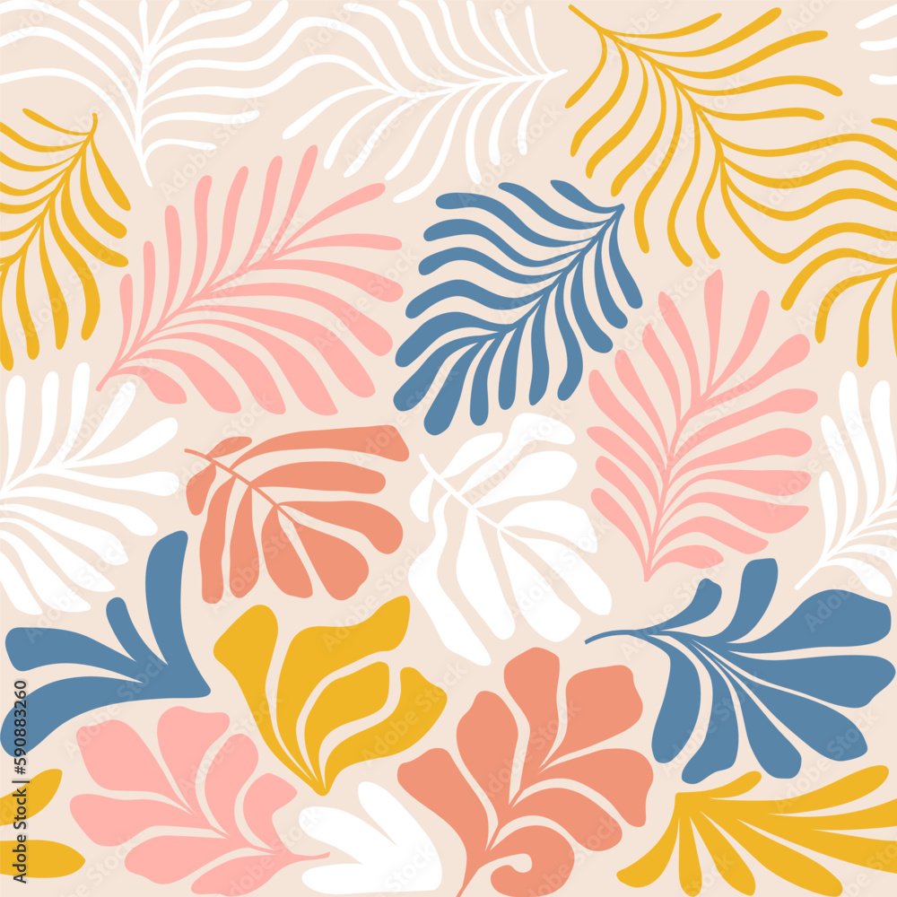 Multicolor abstract background with tropical palm leaves in Matisse style. Vector seamless pattern with Scandinavian cut out elements. Multicolor abstract background with tropical palm leaves in Matisse style. Vector seamless pattern with Scandinavian cut out elements.