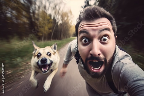 Scared running man make selfie with dog. Generate Ai