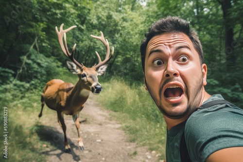 Scared man selfie with wild deer. Generate Ai