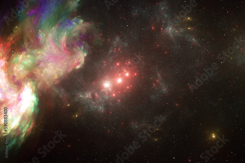 Multicolored clouds of stardust in black space. Abstract fractal 3D rendering