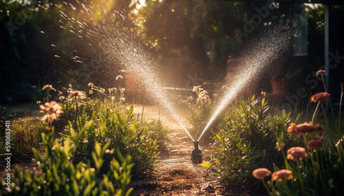 Water splash spray at the vegetable field crop or garden soil could be from hose or garden sprinkler. Watering the plant at the garden backyard or vegetable crop.