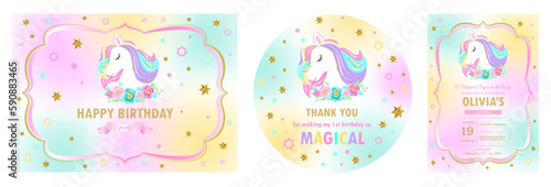 Set of invitation cards for the girl's first birthday party. Unicorn. Template for baby shower invitation. one year	