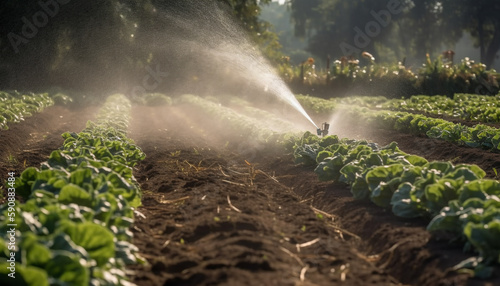 Water splash spray at the vegetable field crop or garden soil could be from hose or garden sprinkler. Watering the plant at the garden backyard or vegetable crop.