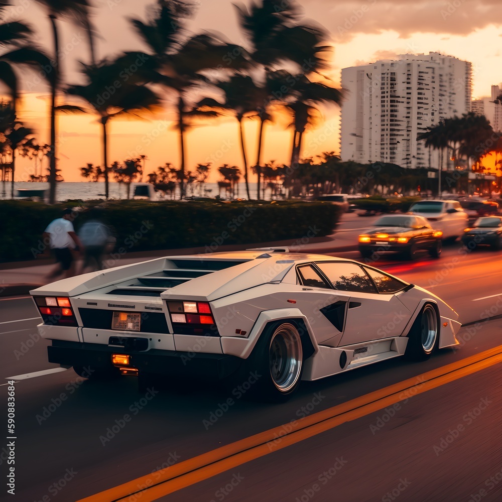 leonardo dicaprio driving a white LP500s Countach at sunset