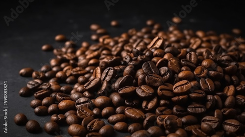 A pile of roasted dried coffee beans studio shot good for product and marketing with some copy space or for background and backdrop.