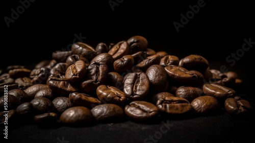 A handful of roasted dried coffee beans studio shot good for product and marketing with some copy space or for background and backdrop. Close up macro product and studio shot.