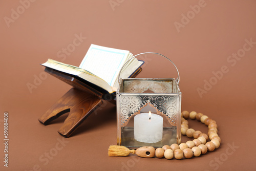 Open holy quran on a wooden...