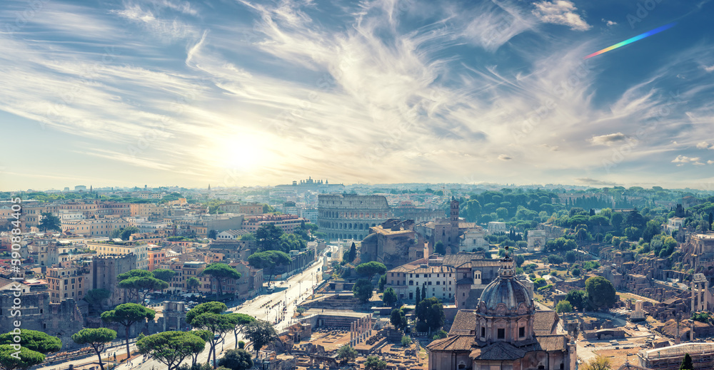 Skyline view of the Capitoline Hill, roman Forum, Coliseum, Rome, Italy