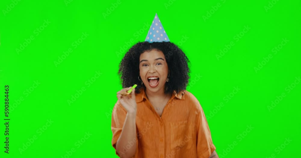 Happy birthday, celebration and black woman on green screen, party and