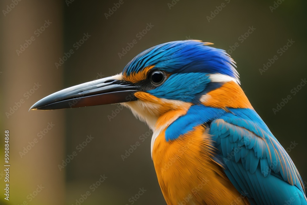 Naklejka premium Blue eared kingfisher in the treetops in a tropical rainforest, Amazon of Brazil. Wildlife concept of ecological environment. Generative AI