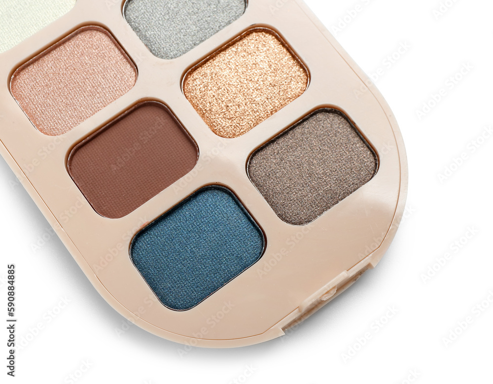 Fototapeta premium Palette of eyeshadows on white background, closeup