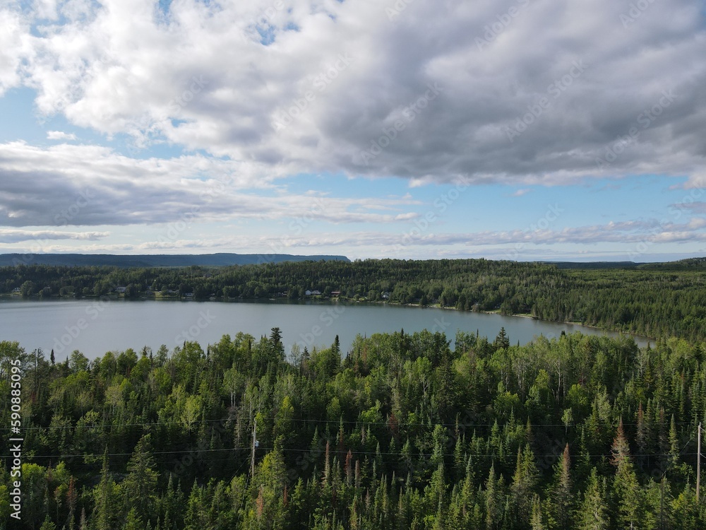 Drone shot of Lake Superior in Thunder Bay Ontario with clouds in the sky