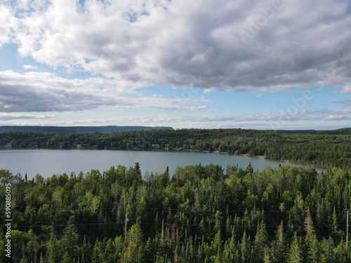 Drone shot of Lake Superior in Thunder Bay Ontario with clouds in the sky