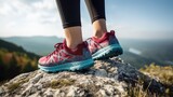 Woman trail runner feet in the mountains. Generative AI