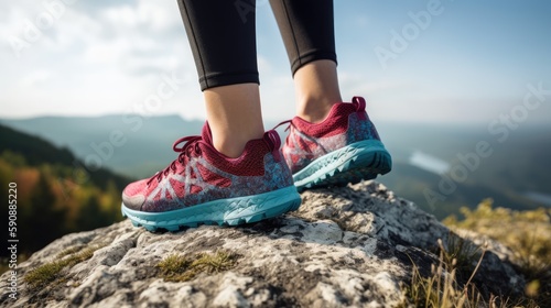 Woman trail runner feet in the mountains. Generative AI