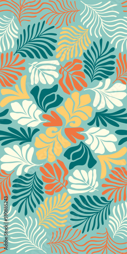 Multicolor abstract background with tropical palm leaves in Matisse style. Vector seamless pattern with Scandinavian cut out elements.