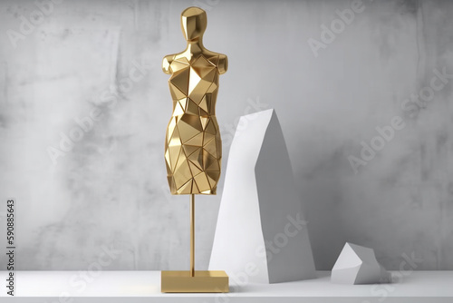tatue of model mannequin in gold for showcasing fashion formal clothes in an abstract concept. on stone pallet geometric product stand. isolate on white background with promotion sale. 3d rendering AI photo
