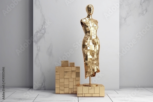 tatue of model mannequin in gold for showcasing fashion formal clothes in an abstract concept. on stone pallet geometric product stand. isolate on white background with promotion sale. 3d rendering  photo