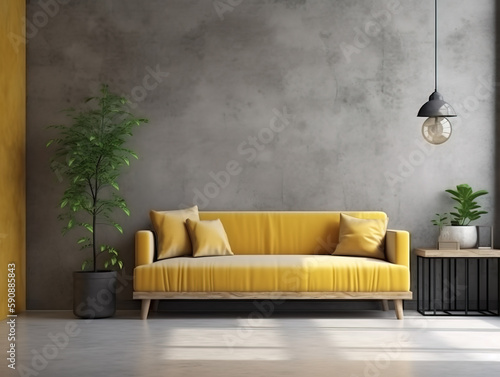 Yellow sofa and a wooden table in living room interior with plant,concrete wall.