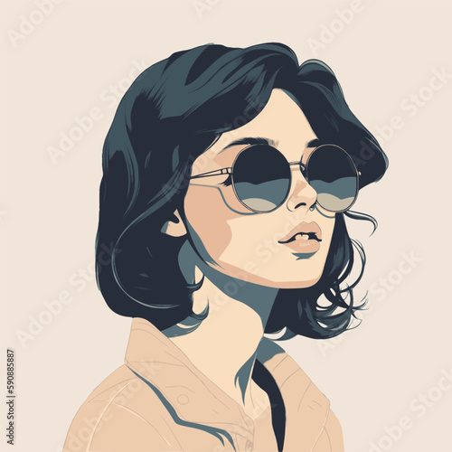 Fashion portrait of a model girl in sunglasses. Poster or flyer in trendy retro colors. Vector illustration