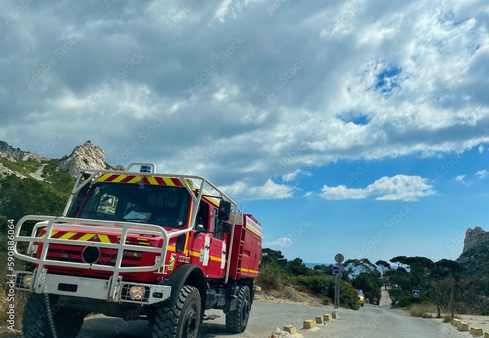 Fire engine at Calanques National Park, Provence, France.