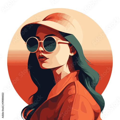 Fashion portrait of a model girl in sunglasses. Poster or flyer in trendy retro colors. Vector illustration