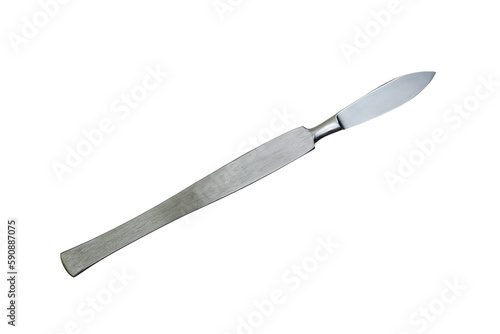 a surgical sharp metal scalpel is isolated on a white background.