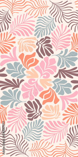 Multicolor abstract background with tropical palm leaves in Matisse style. Vector seamless pattern with Scandinavian cut out elements.