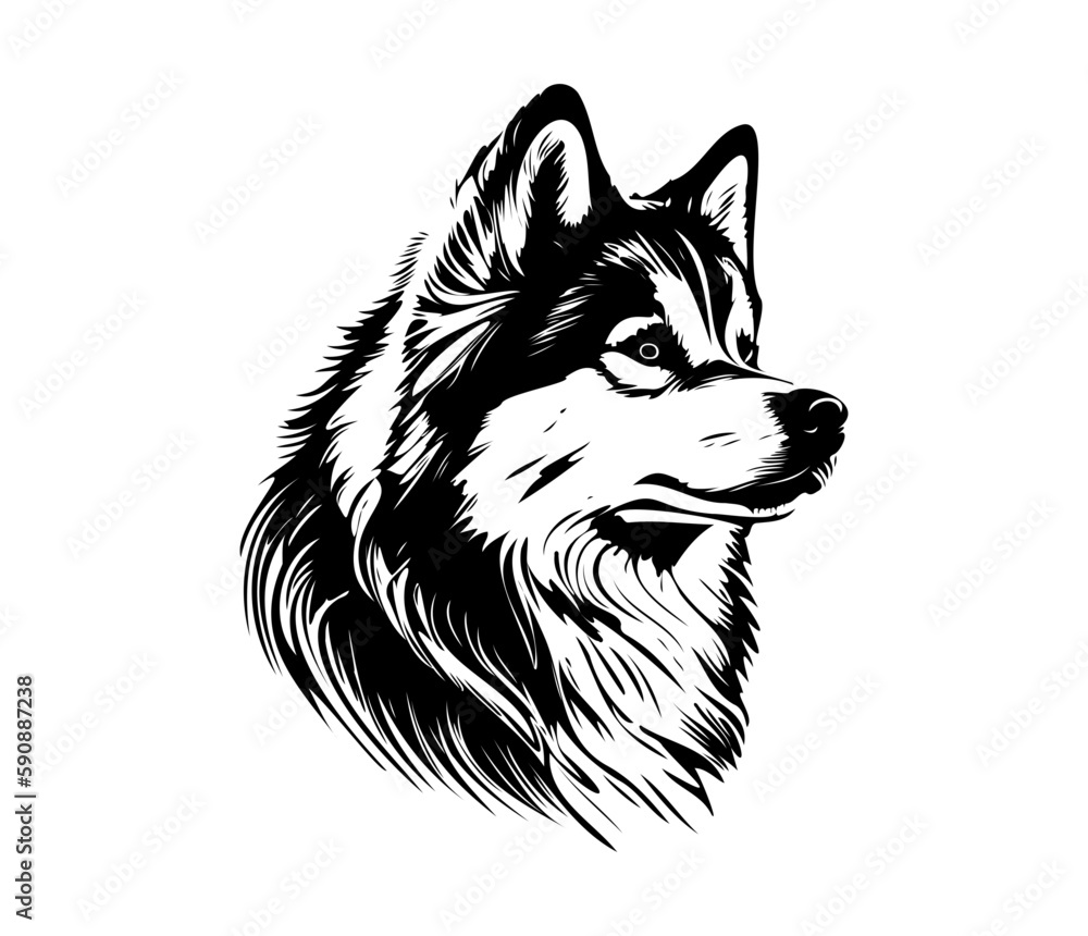 Fototapeta premium Alaskan Malamute, Silhouettes Dog Face SVG, black and white Alaskan Malamute vector