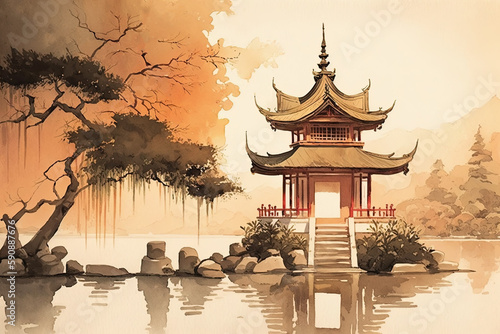 Delicate illustration of Chinese temple by the lake created with Generative AI technology.