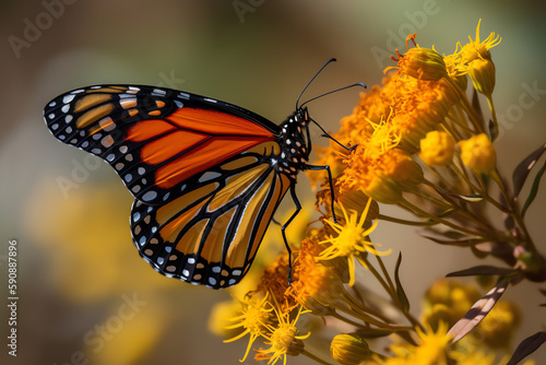 Monarch butterfly on yellow flower - Generative AI © mr_marcom